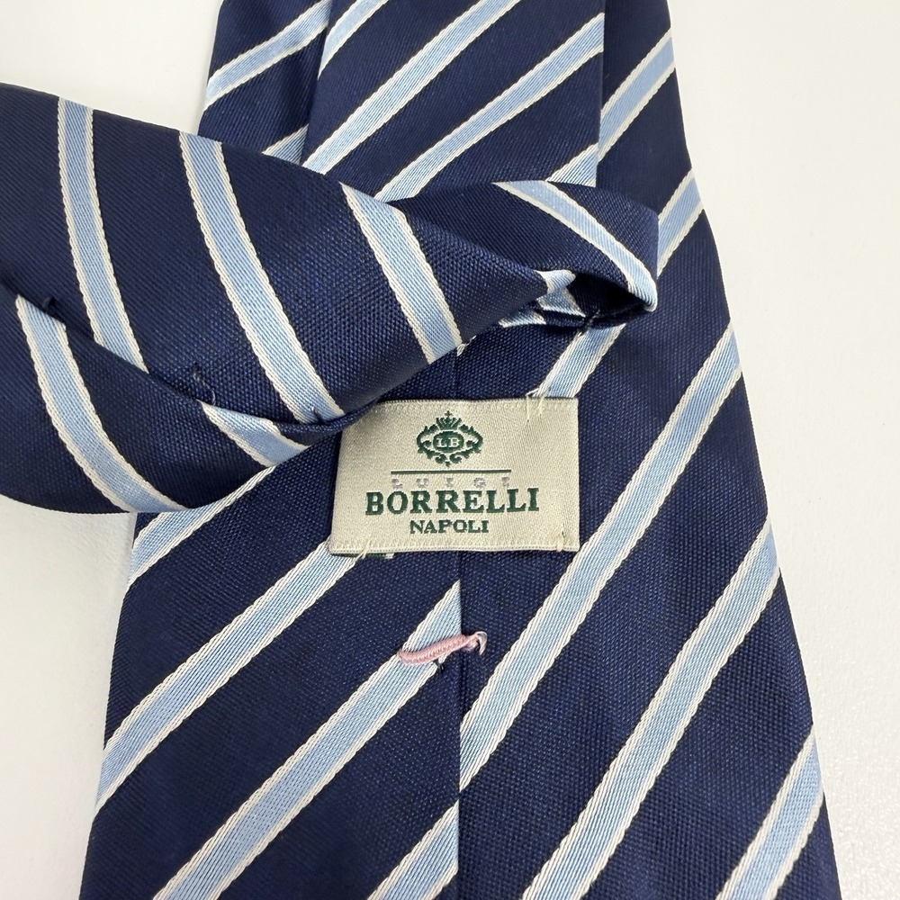 Luigi Borrelli Napoli Mens Tie Navy/Sky Blue Striped Silk 3.5" (W) x 60" (L) guc